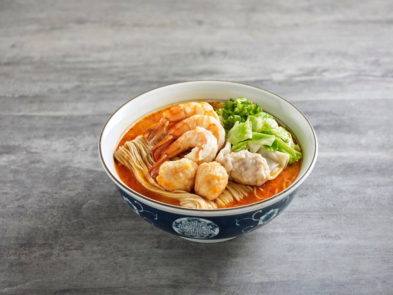 Signature Trio shrimp noodle with prawn, ebiko prawn ball, and prawn-and-chicken wonton.