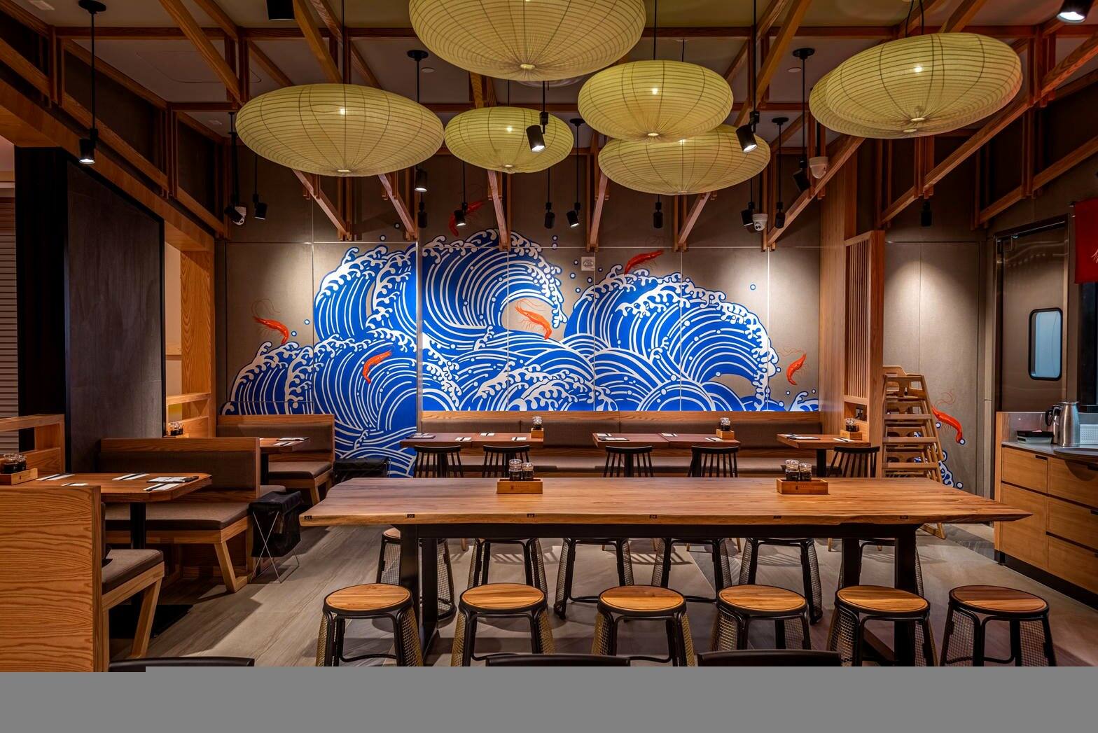 South Coast Plaza dining room with paper lanterns.